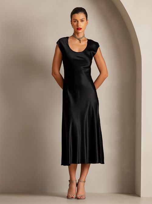 19Momme Silk Cap Sleeve Round Neck Midi Dress