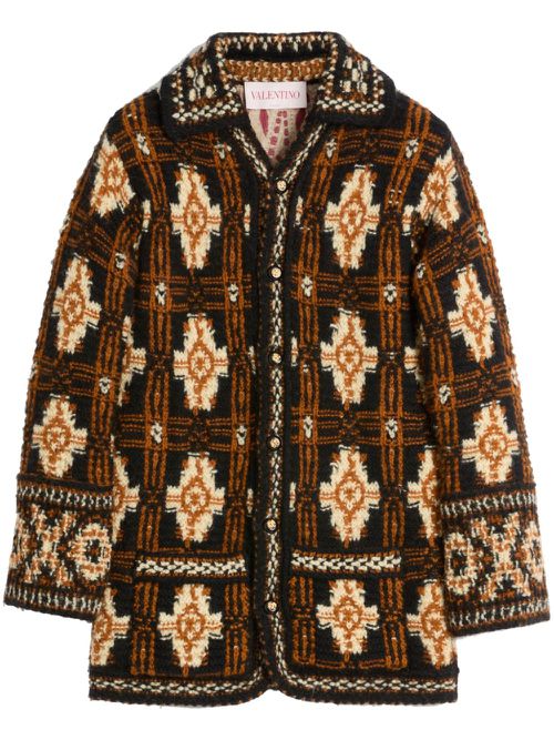 Geometric-pattern wool cardigan - Black
