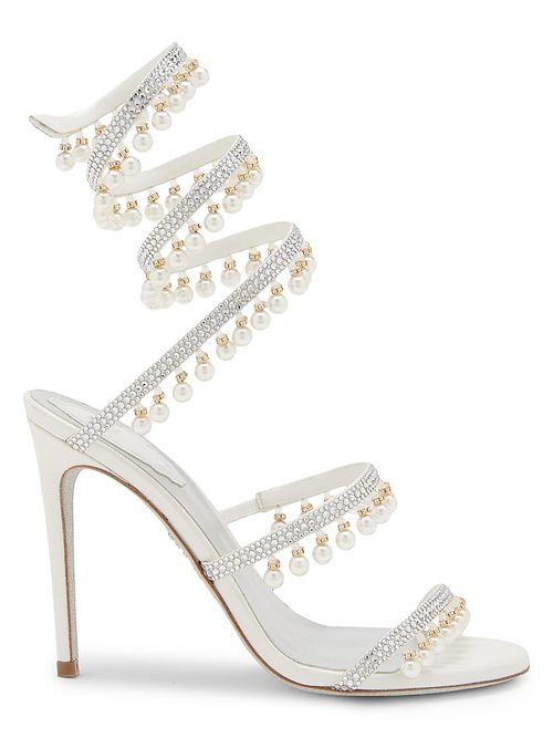 Women's 105MM Chandelier Imitation Pearl Satin Sandals - Ivory Crystal