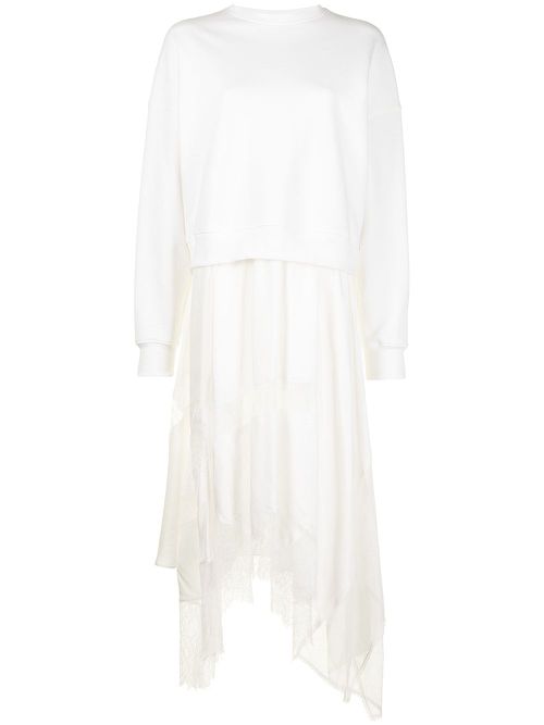Sweatshirt-layered lace dress - White