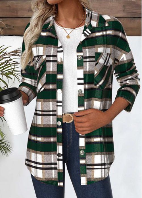 Modlily Green Snap Button Plaid Long Sleeve Coat