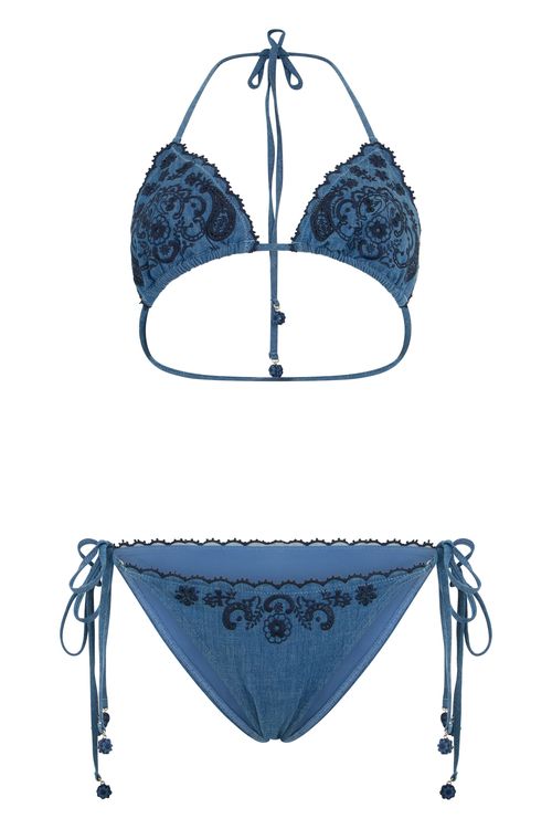 Two-Piece Embroidered Swimsuit with Triangular Top and Adjustable Side-Tie Slip
