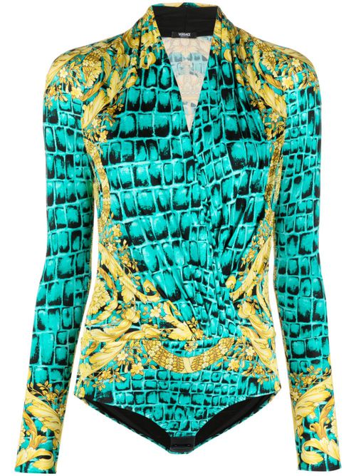 Baroccodile-print V-neck bodysuit - Green