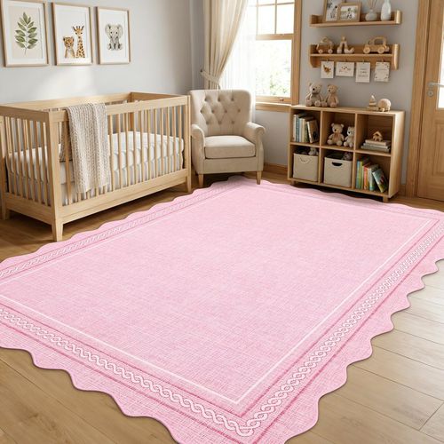 Garvee Scalloped Washable Pink Rugs for Bedroom Grils, 5x7 Living Room Rug Non Slip Playroom Rug Soft Non Shedding Bedroom Rugs Low Pile Stain Resistant Carpet for Nursery Dining Room, Pink