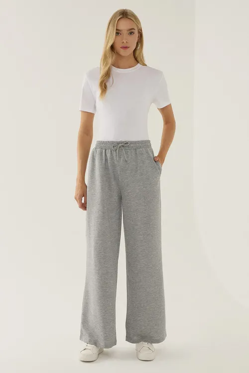 Grey Elastic Waist Wide Leg Sweatpants Women