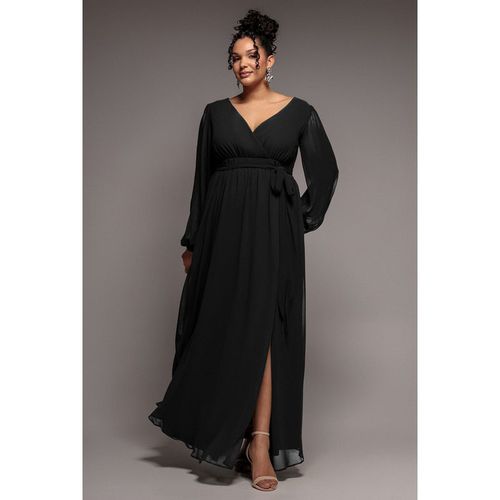 Goddiva Plus Wrap Back With Front Slit Chiffon Maxi Dress - Black