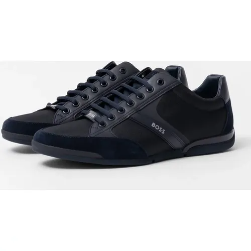 Men's BOSS Orange Saturn Mens Low Profile Mixed Material Trainers With Suede and Faux Leather - Dark Blue 401 - Navy
