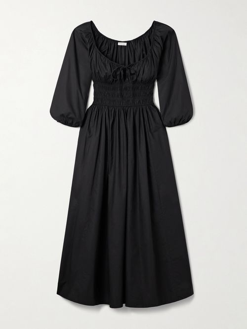 Quintessa Tie-detailed Shirred Organic Cotton-poplin Midi Dress - Black