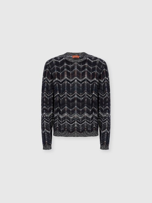 Missoni - Pullover girocollo in cotone chevron con profili a costine, Uomo, Blu