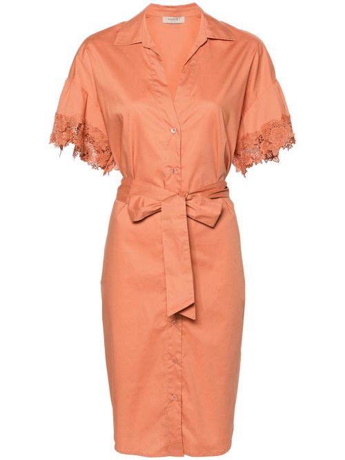 Lace-trim belted shirtdress - Orange