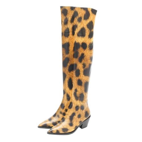 FSJ Women Casual Thigh High Tall Boots Over The Knee Booties Pointed Closed Toe Chunky Thick Low Heel Leather Party Club Ladies Fall Winter Shoes