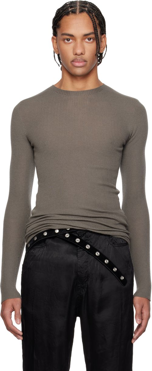 Gray Temple Ribbed Round Neck Sweater