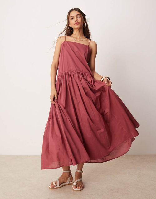 ASOS DESIGN dropped waist maxi dress in burgundy-Red