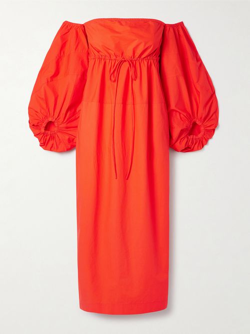 Off-the-shoulder Cotton-poplin Midi Dress - Red