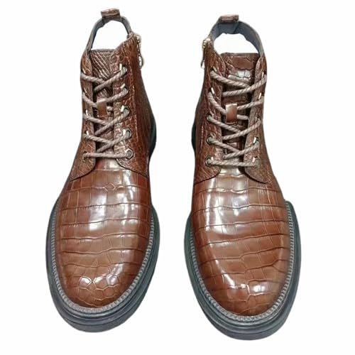 Authentic Real Crocodile Skin Men's Casual Black High-top Shoes Genuine Alligator Leather Male Lace-up Short Brown Ankle Boots (Black, Adult, Men,  Numeric, US Footwear