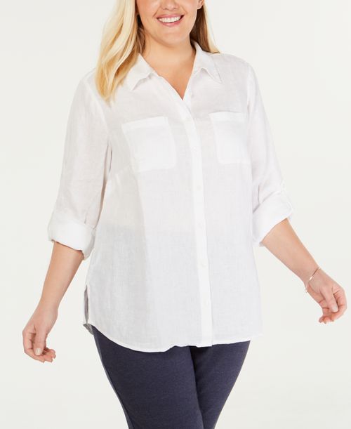Plus Size 100% Linen Roll-Tab Shirt, Exclusively at Macy's - Bright White
