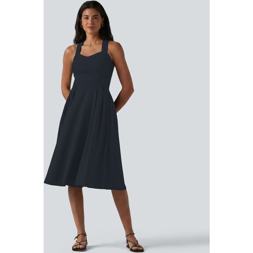 Halara Sweetheart Neck Sleeveless Crisscross Tie-back Midi Casual Flowy Dress with Pockets - Dark Sapphire