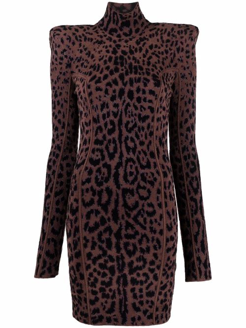 Leopard-print high neck mini dress - Brown