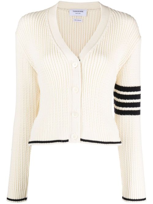 Stripe-detailing cable-knit cardigan - White
