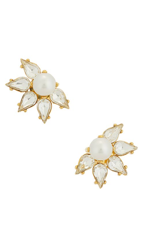 Anton Heunis Omega Clasp Flower Motif Stud Earrings in Cream Crystal & Gold. a
