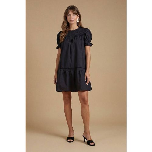 Oasis Women's Broderie Lace Trim Detail Puff Sleeve Mini Dress in Black