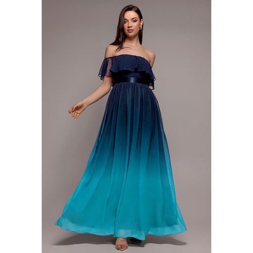 Goddiva Ombre Chiffon Bardot Frill A-line Maxi Dress - Navy Ombre