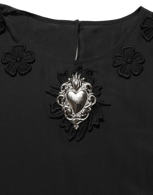 Floral Silk Heart Appliqué Blouse — Black