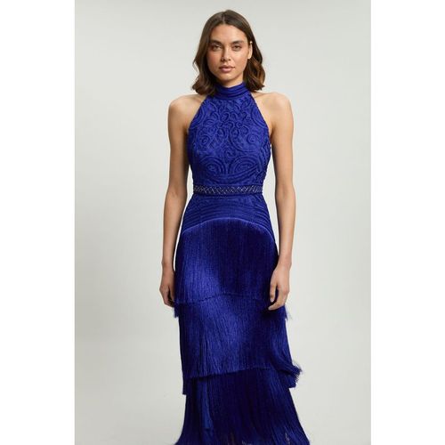 Karen Millen Womens Fringed Beaded Halter Neck Woven Maxi Dress - Blue Nylon