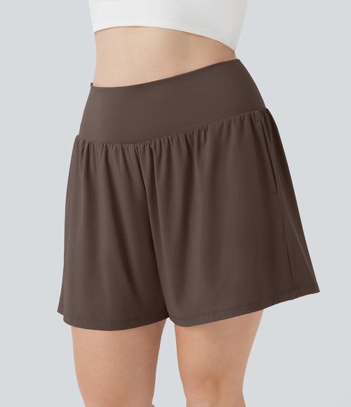 "SoftlyZero™ Airy Super High Waisted 2-in-1 Cool Touch Yoga Plus Size Shorts 7"" with Pockets Gym Short - Chocolate Martini