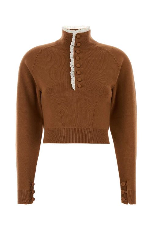 Lace-Trimmed Wool Sweater — Brown