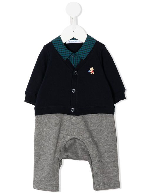 Embroidered-motif long-sleeve romper suit - Blue