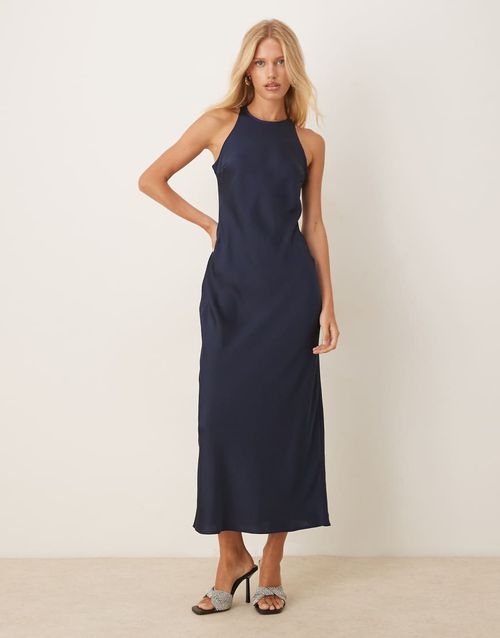 Racer satin midi dress in deep navy