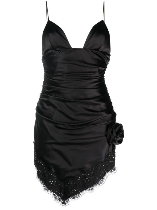 Rose-appliqué asymmetric minidress - Black