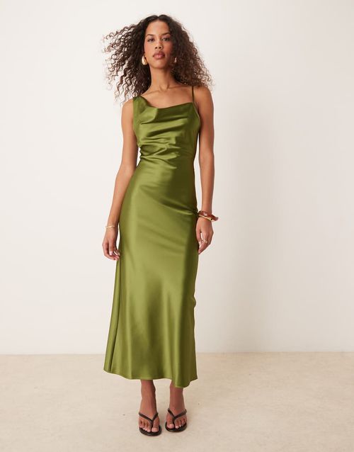 Miss Selfridge | Miss Selfridge cowl neck satin midi slip dress in olive  green | Realry