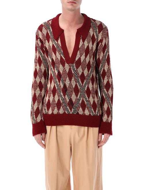 Knit Wool Diamond Polo Pullover