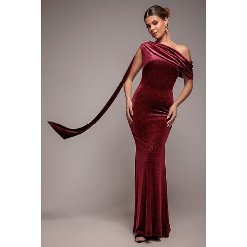 Goddiva Glitter Velvet Sash One Shoulder Bardot Maxi Dress - Wine