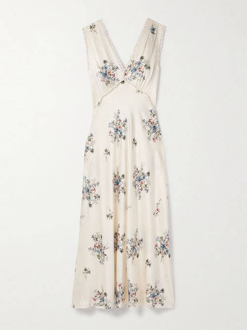 Tahlia Lace-trimmed Floral-print Silk-charmeuse Midi Dress - White