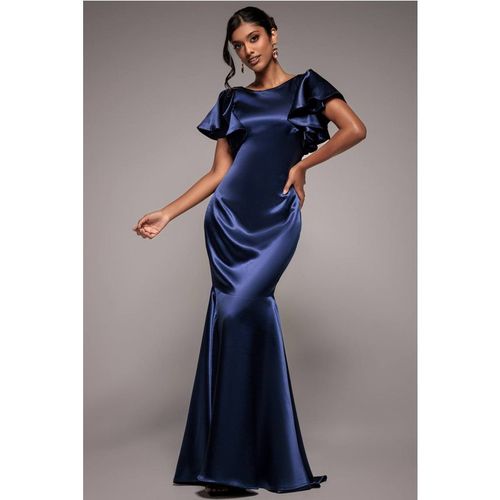 Goddiva Women's Satin Flutter Sleeve Mermaid Maxi Dress in Navy