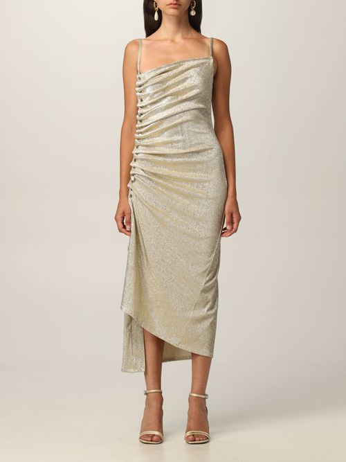 Metallic pleated dress with side-button ruched detail - Gold