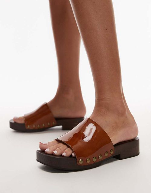 Topshop Premium Harley leather wooden clogs in tan-Brown