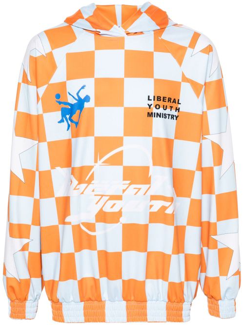 Logo checkerboard-print hoodie - Orange