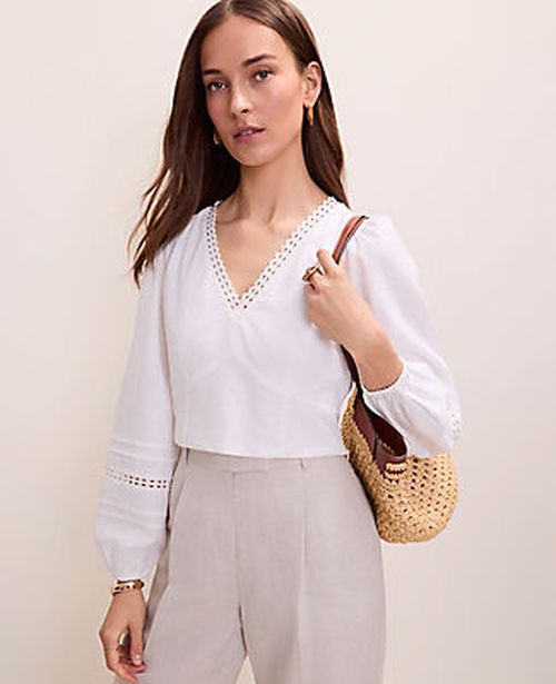 Ann Taylor Embroidered V-Neck Blouse in Linen Blend