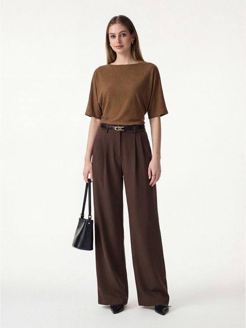 2Pcs Set Boatneck Relaxed Top & Wide Leg Pant with Pockets - Nutshell Orange/Hickory Brown / XS