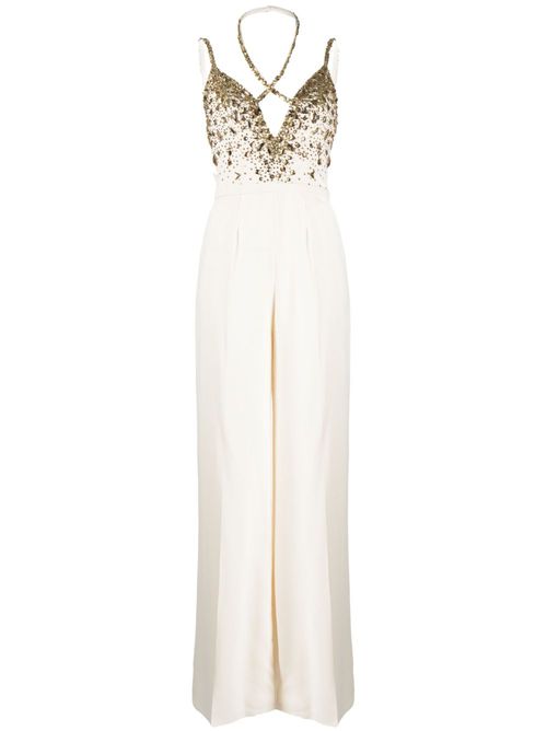 Stone-embellished flared jumpsuit - White
