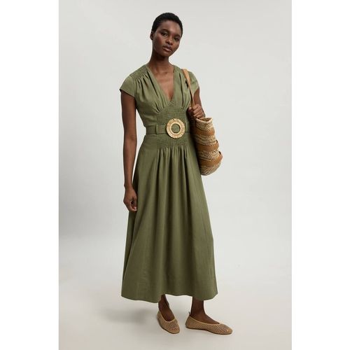 Karen Millen Women's Shirred V Neck Belt Detail Woven Maxi Dress in Khaki
