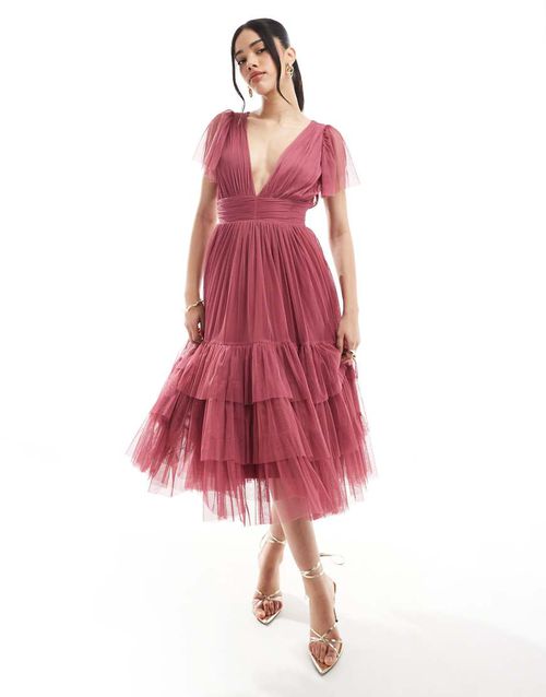 Lace & Beads Bridesmaid Madison midi dress in orchid-pink