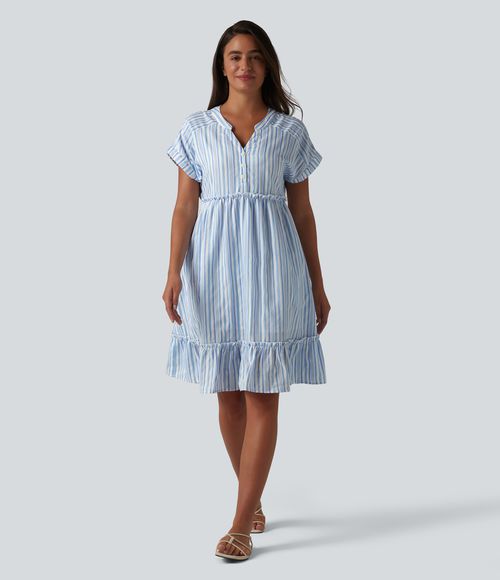V Neck Short Sleeve Stripe Mini Casual Dress with Pockets - Pale Cloud Stripe