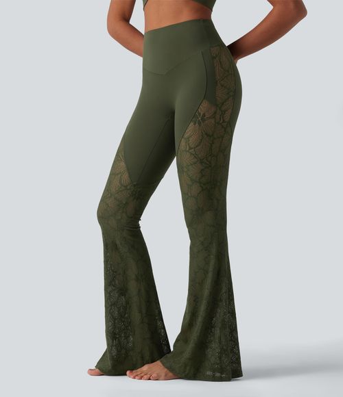 UltraSculpt™ High Waisted Tummy Control Contrast Lace Yoga Flare Leggings with Pocket  - Deep Woodland Green