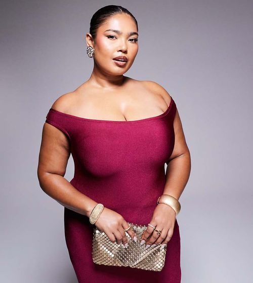 ASOS Curve | ASOS DESIGN Curve bandage bardot midi dress in berry-Red
