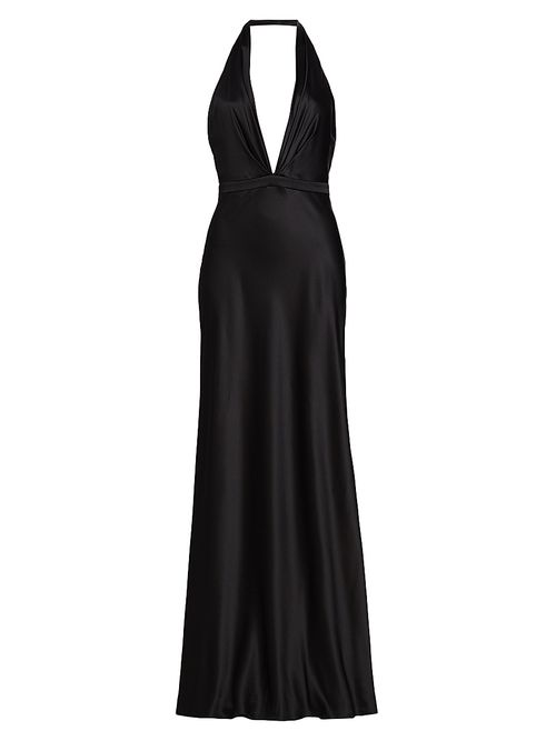 Women's Essy Silk Plunging V-Halterneck Gown - Black
